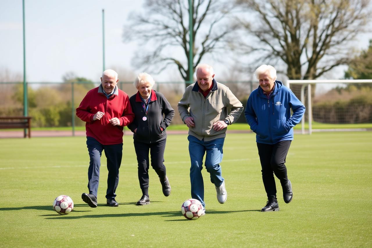 Older adults taking part in a friendly walking football session