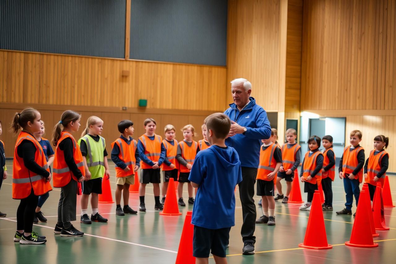 A coach briefing a group of children in a sports hall